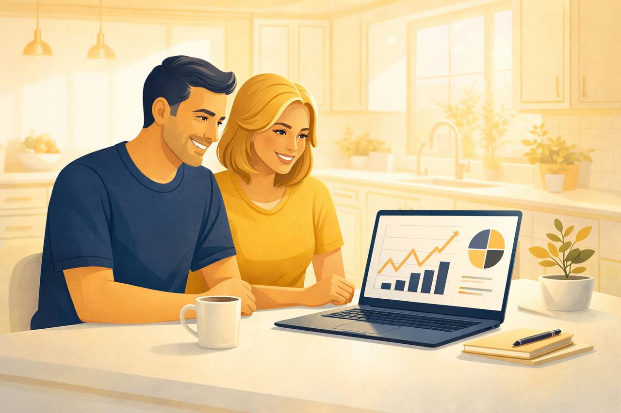 Retired couple enjoying sunset on porch — plan your retirement with RetireWellCalc